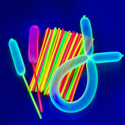 Neon Modelling Balloons, 100-Piece Long Balloons for Party Crafts | UV reactive glow effect, creative shapes, neon colours, Halloween decorations, birthday parties, festivals and event decor