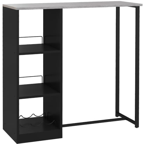 HOMCOM 105 cm Rectangular Bar Table for 2 People with Wine Rack, Black | Modern Breakfast Bar Table, 3 Storage Shelves, Faux Marble Top, for Kitchen