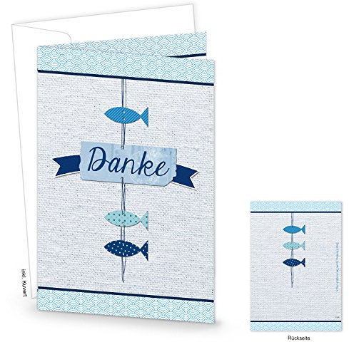 Logbuch-Verlag 10 Dankeskarten mit Kuvert Fische blau weiß maritim - Danke Danksagung Karte Taufe Kommunion Firmung DIN A6