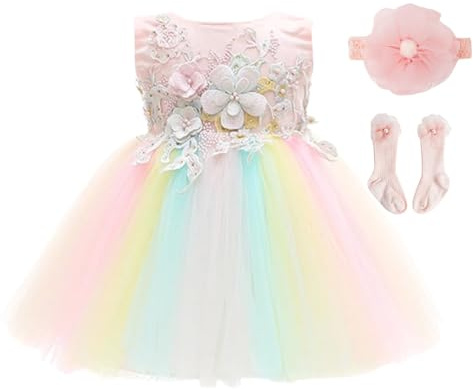 KRUIHAN Vestito da Bambina Arcobaleno,Ricamo Tulle Estivo Vestito da Principessa per Battesimo,Compleanno,Matrimonio,Festa,con Fascia,Calzini,Borsa a Cuore di Paillettes e Confezione Regalo,18M