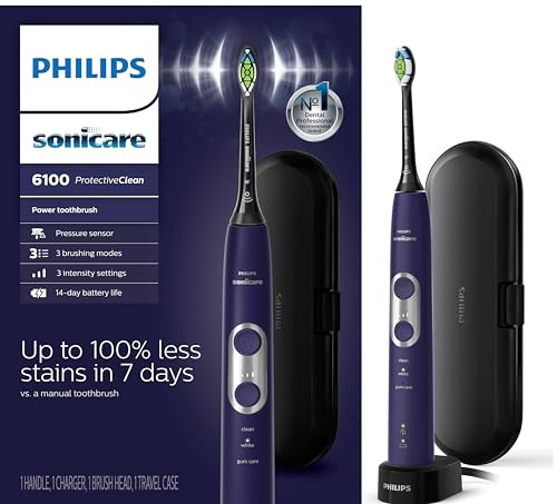 Philips Sonicare ProtectiveClean 6100 Rechargeable Electric Toothbrush, with Pressure Sensor, 3 Cleaning Modes, SmarTimer and QuadPacer, 14-Day Battery Life, Travel Case, Deep Purple, Model HX6471/03