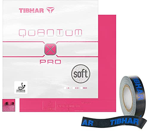 Tibhar Tischtennis-Belag bunt Quantum X Pro Soft & Kantenband | pinkes Obergummi | Härtegrad: 42,5 | Pinker, feinporiger Schwamm (pink - 2,0mm)