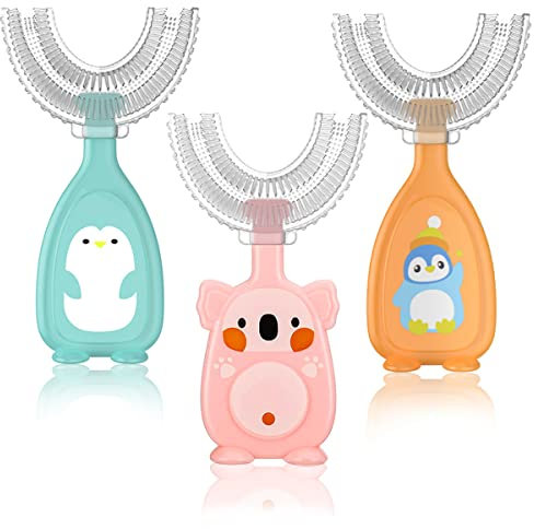 Lot de 3 brosses à dents en forme de U pour enfants,Tête de brosse à dents manuelle en silicone souple de qualité alimentaire,Bouche entière à 360°, bleu, rose)