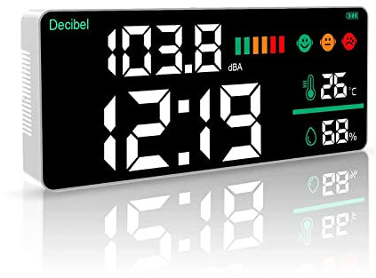 LYCEBELL Medidor de Ruido de Pared 30-130dB, Medidor de Nivel de Sonido y Temperatura y Humedad con Alarma, Sonómetro Profesional con Pantalla LCD 11, Monitor de Decibelios para Hogar, Fábrica y Aula