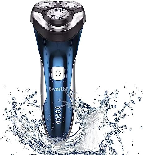 SweetLF [2024 New] Rasoir Electrique Homme Rechargeable avec Tondeuse Barbe IPX7 Etanche Technologie Wet&Dry avec 4D Têtes Rotatives et Ecran LED-SWS7105（Bleu）