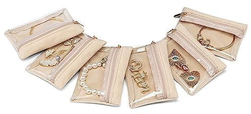 Vlando 6 Pcs Travel Jewelry Organizer Velvet Jewelry Pouch with Zipper Clear Travel Jewelry Bag for Travel Business Trip Jewelry Pouch for girls Mothers Day Gifts for Mom
