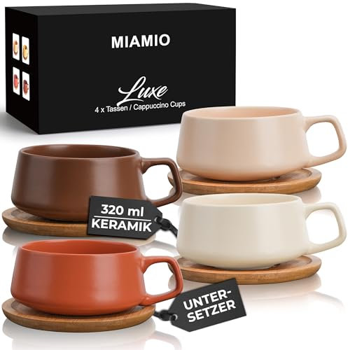 MIAMIO - 4 x 320 ml tazas de café/juego de taza y platillo/elegantes y modernas tazas de café en cerámica gres – Juego de 4 pzas de colección de lujo - Luxe Collection (Beige Pastel)