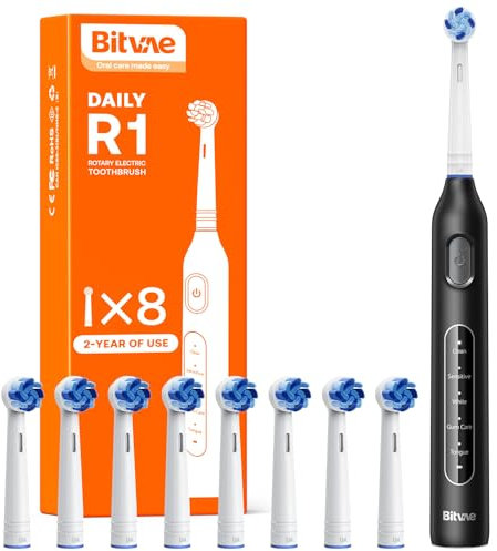 Bitvae R1 Rotating Electric Toothbrush with 8 Brush Heads for Adults and Kids, 60-Day Battery Life, 5 Modes Rechargeable Power Toothbrush with 2-Minute Smart Timer, Black