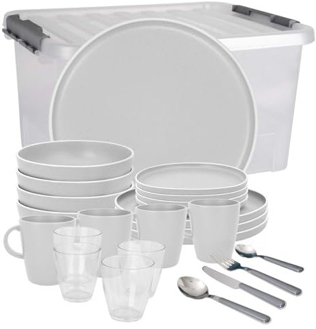 BRUNNER: Melamin Geschirr-Set Camping | 36-Teilig - Teller, Becher, Besteck & Gläser für 2-4 Personen | DOLOMIT All Inclusive - Stapelbar, Kratzfest