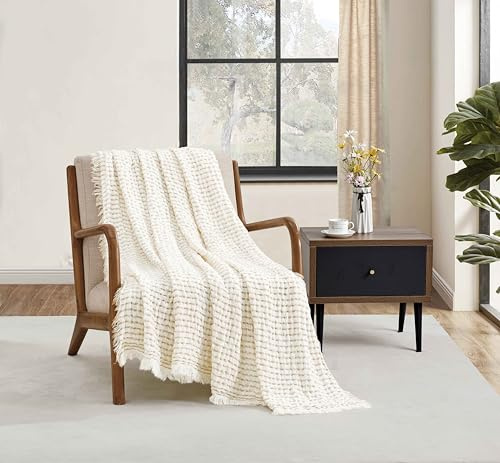 CREVENT - Manta Suave y Transpirable de Nido de Abeja, 127 x 152 cm, para sofá, sillón, Cama, Manta de Exterior, para Viajar (Marfil)