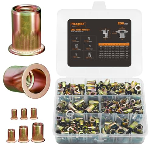 HANGLIFE Rivet Nut Assortment Kit (250 Pcs) - UNC SAE Rivnut Threaded Insert Nuts - Includes #6-32, #8-32, #10-24, 1/4-20, 5/16-18, 3/8-16 Flat Head Nutserts, Zinc-Plated Carbon Steel