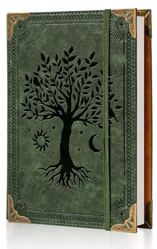 Ovesmusl A5-Ordner aus PU-Leder, 6 Ringe, nachfüllbar, 100 g/m², 240 Seiten, Nachfüllpapier, inklusive A5-Planer, Ordner für lose Blätter, Notizbuch, 14,5 x 21,1 cm, grüner Baum