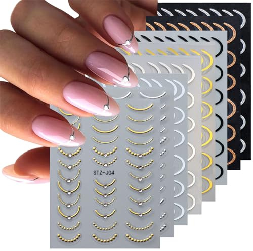 LunarCharm 8 feuilles d'autocollants pour ongles French Line, 3D, pour nail art, or, argent, lignes blanches, stries avec diamant, design courbé