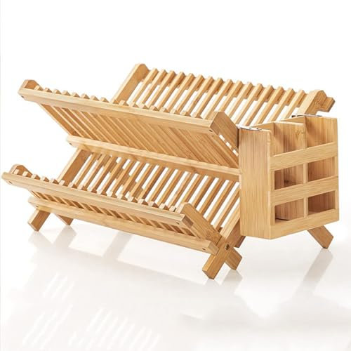 Laneryin Bamboo Drain Rack 2 Tier CROSS Dish Rack Dishes Drainer Rack with Utensils Flatware Holder Set Folding Wood Kitchen Rack for Counter 41×24.5×25cm
