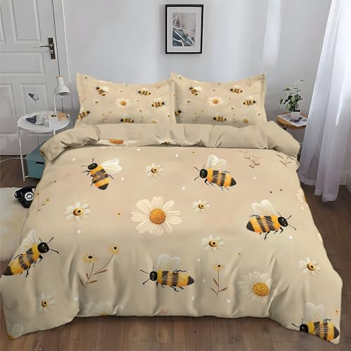 King Size Duvet Cover Sets Premium Brushed Microfiber Bedding Sets Bee And Daisy Floral Theme Illustration Ultrasoft Hypoallergenic Reversible Beige Yellow Duvet Covers Non Iron Luxury Bedding Set