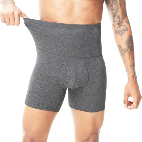 Sewing Tree Men's High Waist Shapewear Tummy Control Boxer Shorts | Soft stretch cotton blend,no roll waistband,anti chafing design,3D pouch open fly,stoma friendly,fit for daily office wear