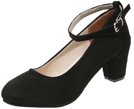 Women Chunky Platform Mary Jane Shoes Womens Pointed Toe Heeled Shoes Retro Buckle Suede High Dress Heels Thick with Medium Heel Shallow Mouth Sandals Casual Smart Pumps for Office Work Black