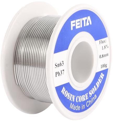 FEITA Sn63-Pb37 High Purity Tin Leaded Rosin Core Solder Wire for Electrical Soldering, With 1.8% Solder flux, 183℃ Melting Point (0.8mm, 100g)