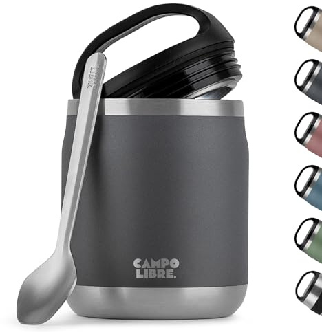 Campo Libre.® Food Flask 600ml – Insulated Lunch Box with Spoon, BPA-Free Hot & Cold Food Container for Soup, Porridge, Baby Food, Camping or School – Leakproof & Ideal for On-the-GO, Grey