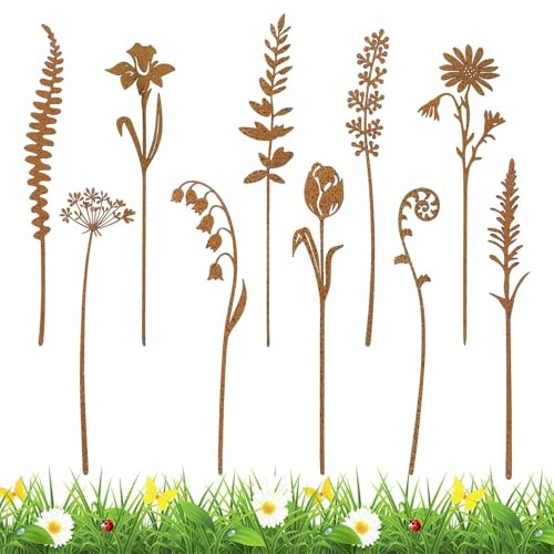Ufdeoton Set di 10 decorazioni da giardino in metallo per piante, decorazione da giardino, decorazione in ruggine, per prati, cortili, balconi