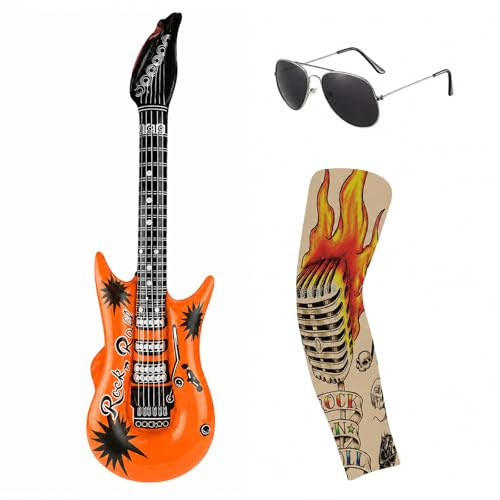 JOVYTH 3 Pezzi Completo Punk – Chitarra Gonfiabile, Occhiali Vintage, Tatuaggi a Manica, Accessorio Halloween,Giochi di Ruolo per Adulti, Outfit Festival