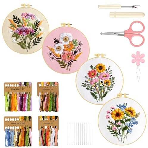 AUAUY 4PCS Kit Broderie Debutant, Kits de Broderie pour Motifs Floraux