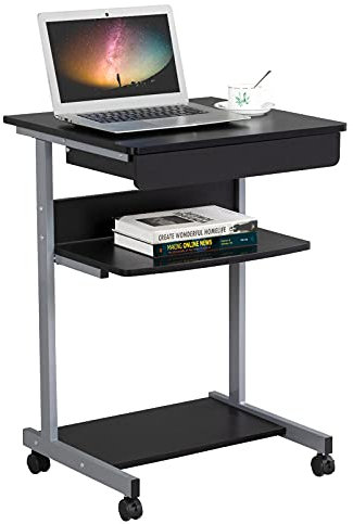 Yaheetech Mesa Ordenador con Ruedas Escritorios Ordenador Pequeña con Bandeja de Teclado Mesa Gaming con Cajón para Estudio,Espacio Límite Negro 79,5x56x51cm