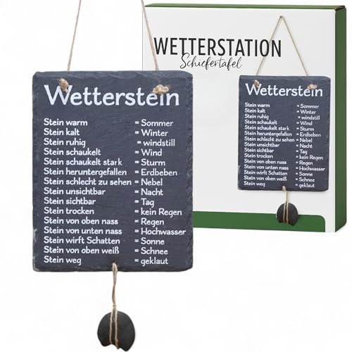 MIJOMA Wetterstein Schiefertafel – Wetterstation aus Schiefer mit Juteband – rustikale Deko für Garten & Haus – lustige Wettervorhersage – ca. 20x25 cm
