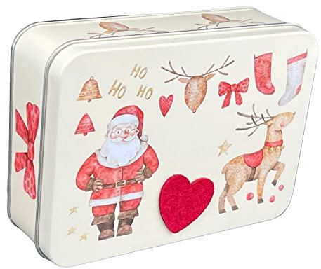MediMuc HoHoHo - wunderschöne kleine Gebäckdose mit weihnachtichen Motiven, Nikolaus und einem Herz aus Filz - Weihnachtsdose, Keksdose, Blechdose - Maße: (L x B x H): 14,3 x 10,1 x 4,0cm