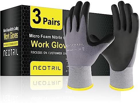 NEOTRIL Safety Work Gloves MicroFoam Nitrile Coated-3 Pairs, Seamless Knit Nylon Bulk Pack Working Gloves with Grip for Men Women Light Duty Work,Automotive,Warehouse (Gray,M)