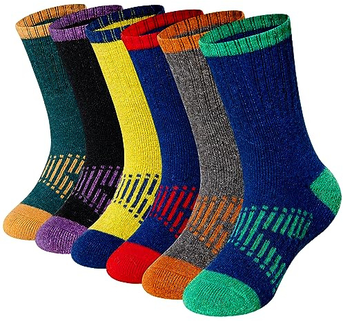 WEVIAS Kids Merino Wool Hiking Socks Boys Thermal Winter Cozy Boot Warm Cushion Socks 6 Pairs (6 Pairs Colorful X, 8-12 Years)