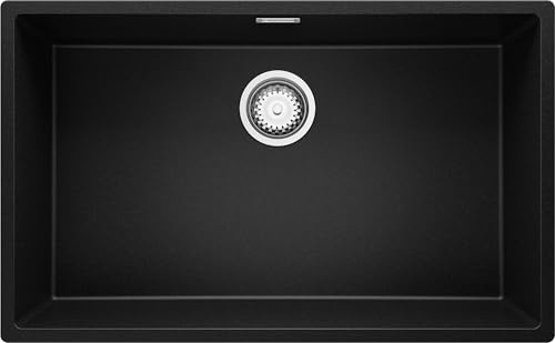PRIMAGRAN Evier Cuisine en Granit Noir 76x47cm, Lavabo 1 bac + Kit de Vidage, Évier à Encastrer au Meuble 80cm - London S477