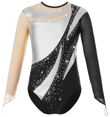 YiZYiF Body da Danza Balletto per Bambine Lucido Manica Lunga Ballet Leotard Body Ginnastica Artistica Costumi per Balletto Body Ballerina Costumi Argento F 13-14 anni