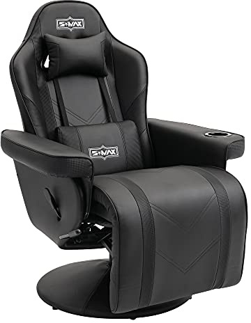 S*MAX Gaming Stuhl mit Fußstütze Gaming Sessel hoher Rückenlehne mit Verstellbarer Rückenlehne Becherhalter Seitentasche Gaming Stühle für Erwachsene Schwarz Weiß