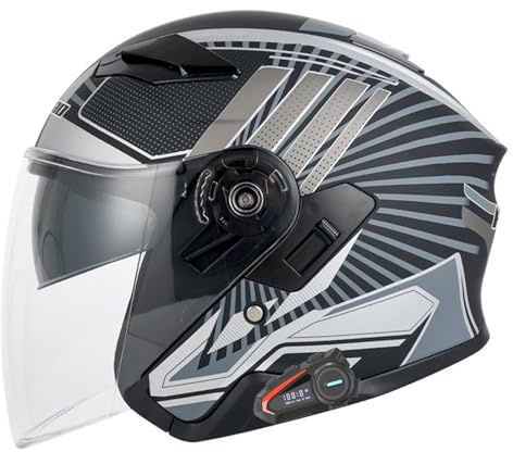 Jet-Motorradhelm, Bluetooth-Motorrad-Halbhelm Mit Doppelter Sonnenblende, Roller, Chopper, Skateboard, Radfahren, Jugendliche, Männer, Frauen, DOT/ECE-Zugelassener Sporthelm B,L
