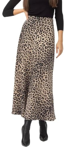 RSBFK Jupe longue en satin imprimé léopard pour femme, taille haute, taille élastique, jupe A-ligne, beige, L