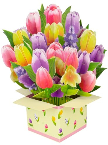 Tulpan fyrkantig låda pop up-kort, pappersblomma bukett gratulationskort med tomt anteckningskort och kuvert, perfekt present för att fira kärlek, semester, födelsedag, årsdag, speciella ögonblick,