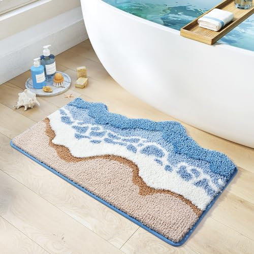 Trlyane Bath Mat, 50x80cm Sea Wave Bath Mats Bathroom Carpet Super Absorbent Machine Washable Soft Shower Suitable for Bathroom/Living Room/Kitchen/Bedroom Indoor Floor