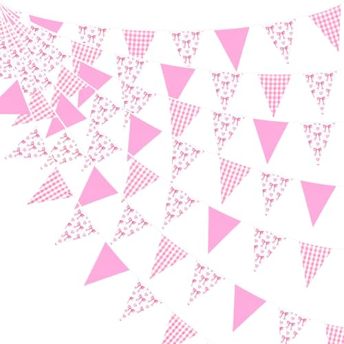 32Ft Coquette Bow Bunting Banner Party Decorations Hot Pink Bow Print Fabric Triangle Flag Pennant Garland for Girls Coquette Birthday Wedding Bridal Baby Shower Anniversary Bachelorette Party Decor