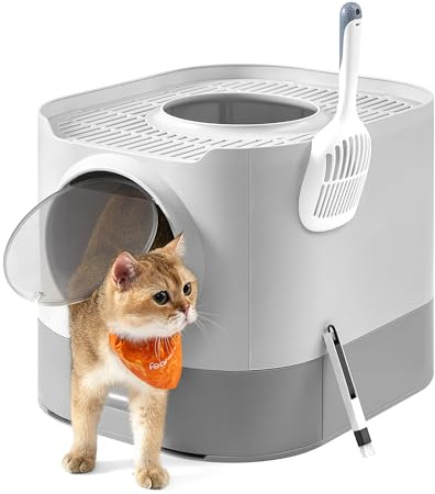 Feandrea Bac à Litière, Litière pour Chat XXL, avec Couvercle, Plateau Amovible, Pelle, Brosse, pour des Chats de Tailles Différentes, Moins de Traces, Gris Tourterelle et Gris Clair PPT002GD01