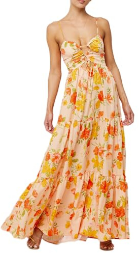 Carolilly Robe Femme Maxi Longue sans Manches à Bretelles Spaghetti Imprimé Floral d'Eté Bohème Legere Fluide
