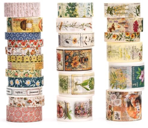 Songdao Retro Washi tejpset, 24 rullar dekorativa antika maskeringstejp vintage tejp färgglada för konst, gör-det-själv-hantverk, dagbok, planerare, scrapbook, förpackning (5-butanical Garden)