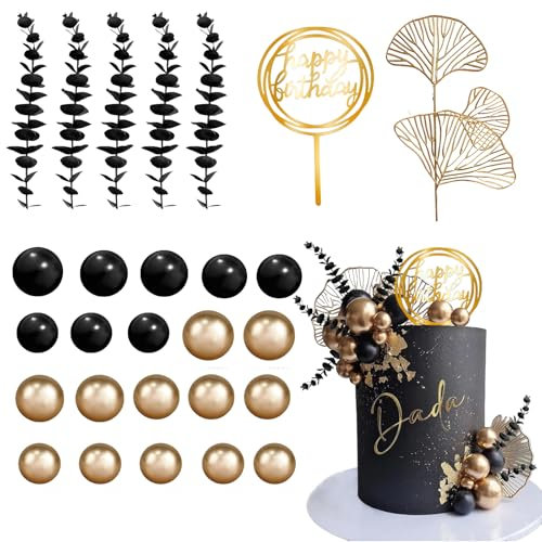 Cake Topper Gold Black Balls Cake Decorations Palm Leaves Grass, Ball Cake Toppers, for Birthday Wedding Baby Shower Party Decoration, Birthday Cake Decorations