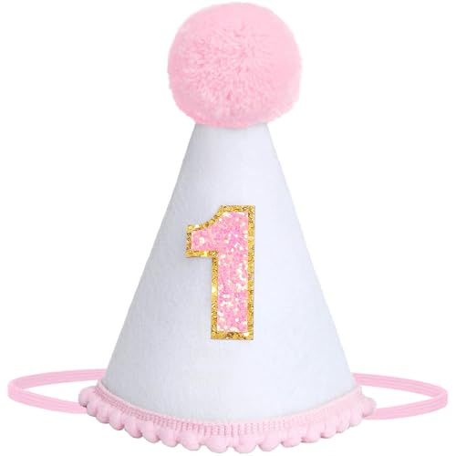 DRESHOW 1st Birthday Baby Party Hat First Birthday Cone Party Hats with Pom Poms Cake Smash Photo Props Headwear Decor for Girls Boys