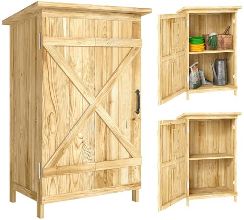 Outsunny Caseta de Jardín de Madera 63,5x40x90 cm Cobertizo Jardín Exterior Armario para Almacenaje de Herramientas con 2 Estantes Puerta Estilo Granero y Techo de Acero Galvanizado Natural