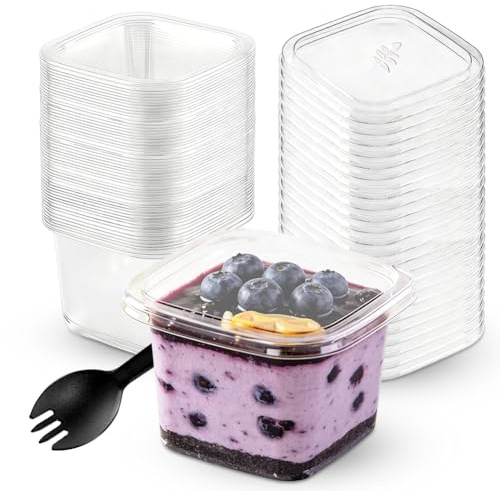 50 stycken 360 ml dessertkoppar plast med lock och skedar, återanvändbara genomskinliga fyrkantiga dessertskålar dessertglas, för hemma desserter pudding mousse glass fest bröllop