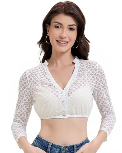 Trachtland Blusa Dirndl Mujer Manga Larga para Traje Tradicional Oktoberfest Elegante con Escote en V Botones Encaje Blanco Talla 34-44 (DE/NL/SE/PL, Numérico, 38, Regular, Regular, Blanco)