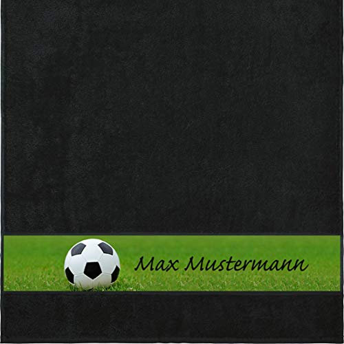 Manutextur Duschtuch Mit Namen - Personalisiert - Motiv Sport Fußball - Viele Farben - Dusch-Handtuch - Schwarz - Größe 70x140 cm - Persönliches Geschenk Mit Wunsch-Motiv Und Wunsch-Name