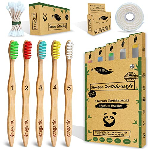 Eraganic Spazzolino Bamboo Confezione da 5 spazzolino denti con filo interdentale gratuito e bastoncini di cotone in bambù Setole medie 100% senza BPA Spazzolino naturale, biodegradabile, vegano