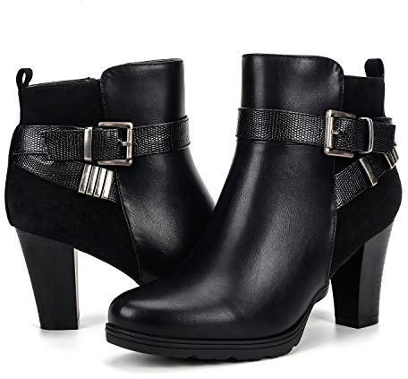 mysoft Women's Zipper Booties Chunky Stacked Heel Ankle Boots Buckle Strap Ankle